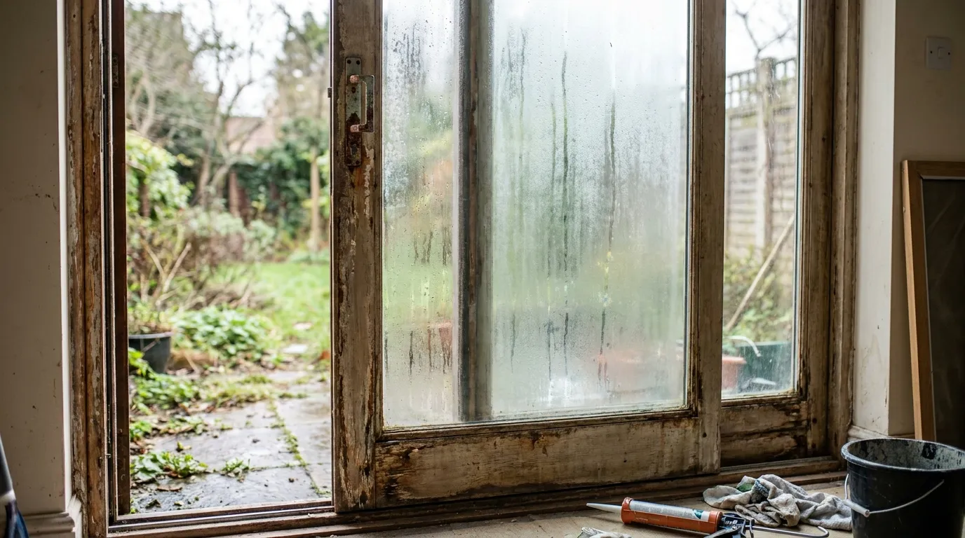 Vieille porte-patio coulissante au verre embué et cadre usé, à remplacer